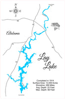 Lay Lake, Alabama - Laser Cut Wood Map
