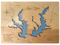 Lake Tyler West and Lake Tyler East, Texas - laser cut wood map