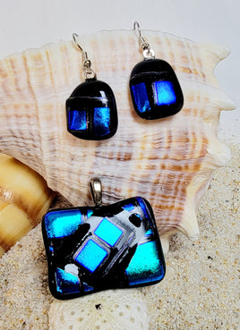 Blue and Black Dichroic Glass Jewelry Set