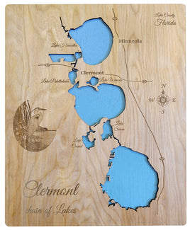 Clermont Chain of Lakes in Florida - Laser Cut Wood Map
