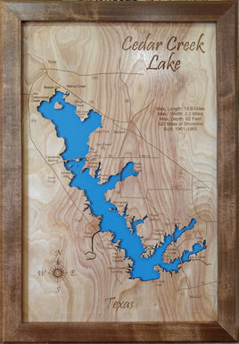 Cedar Creek Lake, Texas - Laser Cut Wood Map