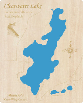 Clearwater Lake, Minnesota - Laser Cut Wood Map