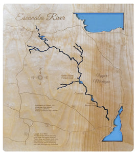 Escanaba River, Michigan - Laser Cut Wood Map