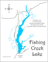 Fishing Creek Lake, South Carolina - Laser Cut Wood Map