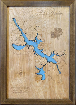 Lake Jordan, AL - Laser Cut Wood Map