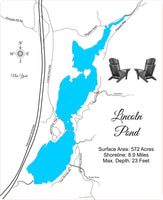 Lincoln Pond, New York - Laser Cut Wood Map