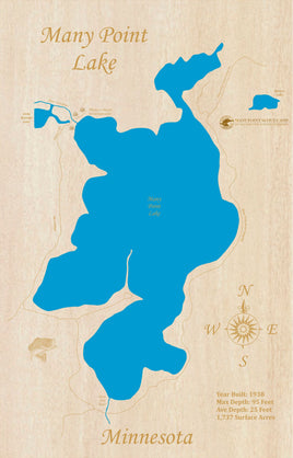 Many Point Lake, Minnesota - Laser Cut Wood Map