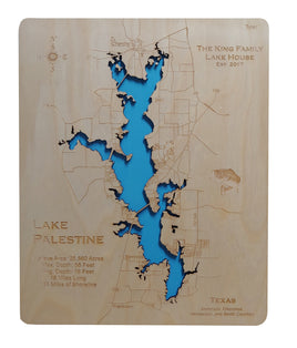 Lake Palestine, Texas - Laser Cut Wood Map