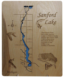 Sanford Lake, Michigan - laser cut wood map