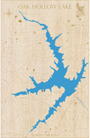 Oak Hollow Lake, North Carolina - Laser Cut Wood Map