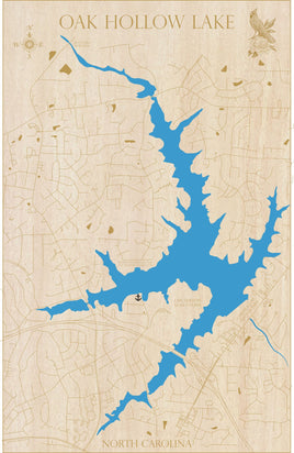 Oak Hollow Lake, North Carolina - Laser Cut Wood Map