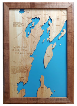 Round Pond and Muscongus Pond, Maine - laser cut wood map