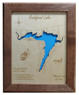 Rushford Lake, New York - laser cut wood map